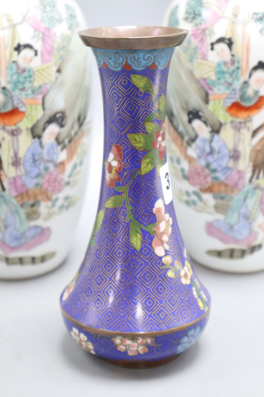 A pair of Chinese vases, height 28cm and a cloisonne vase